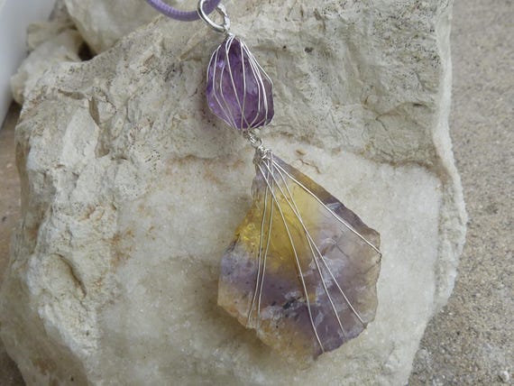 Silver pendant, rough fluorite, rough amethyste;  IMPORTANT: French vat is included, 20% off for US,australian + canadian buyers