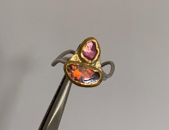 Reserved,24 k gold ring,silver, 1 boulder opal,1 tourmaline:IMPORTANT, French vat is included,20% off for US, australian and canadian buyers