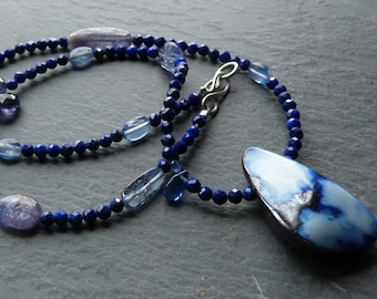 Silver necklace, 1 big australian boulder opal, lapislazuli: Important, french vat is included,20% off for US,australian,canadian buyers
