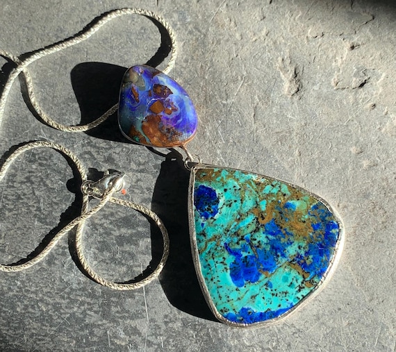 Silver necklace/pendant,1 boulder opal,1 azurit-chrysocolle: Important, french vat is included,20% off for US,australian and canadian buyers