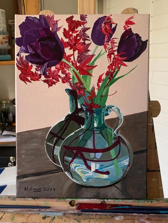 Original oil painting, still life with a vase, black tulips and red maple placed before a mirror, oil on canvas, 33 cm x 24 cm