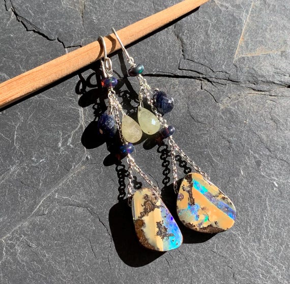 Earrings, silver, sapphires, boulder opals: IMPORTANT, French vat is included, 20% off for australian and canadian buyers