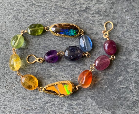 Solid 18/24 ct gold bracelet, silver, 2 boulder opals,precious stones: MPORTANT,French vat is included 20% off for US,UK and canadian buyers