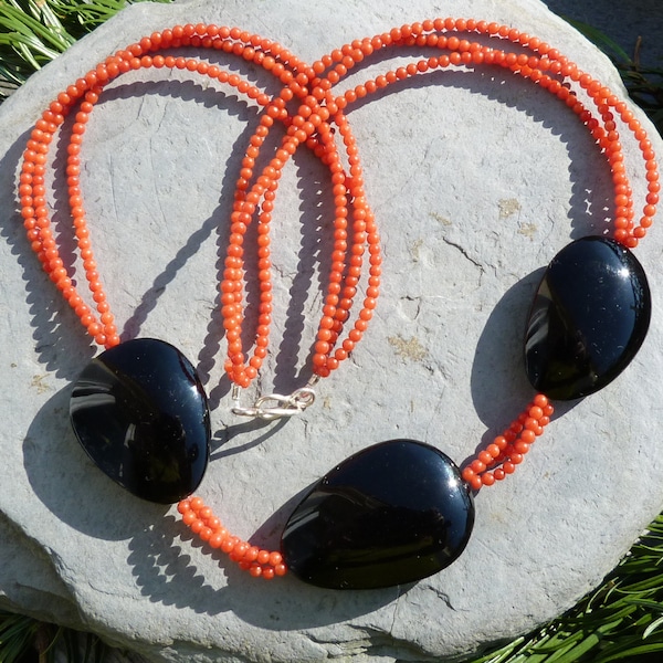 Collier argent 925, corail rouge et obsidiennes noires