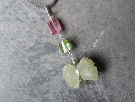 Silver pendant,rough prehnit,rose and green tourmalines:MPORTANT, French vat is included, 20% off for US, UK, australian and canadian buyers