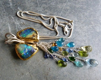 Silver necklace,24 kt gold,australian opals,precious stones:IMPORTANT, French vat is included,20% off for US, australian and canadian buyers