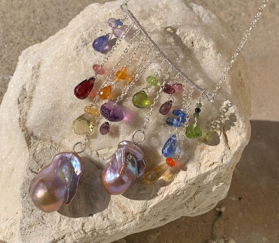 Silver necklace/pendant, 2 baroque pearls, precious stones: Important, french vat is included,20% off for US,australian and canadian buyers