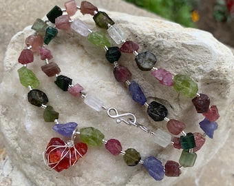 Silver necklace with peridots, tourmalins, tanzanites, fire opal:Important, french vat is included,20% off for US,australian,canadian buyers