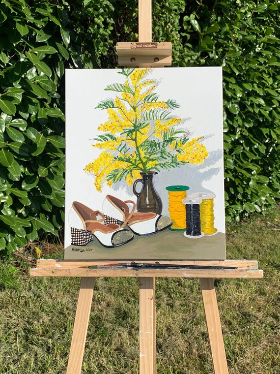 Original painting, still life, mimosa and shoes, oil on canvas, 46 cm x 38 cm