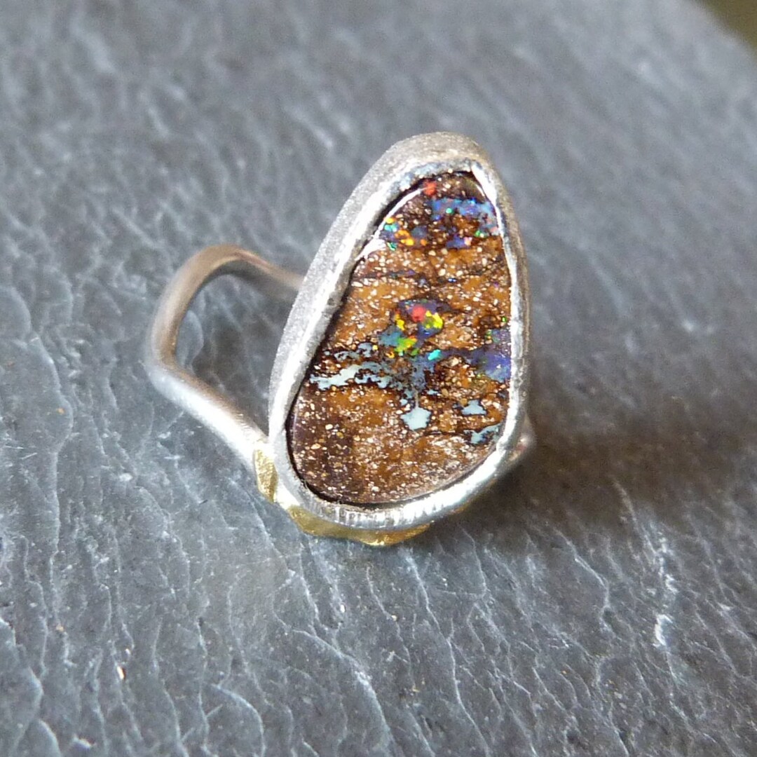 Bague En Argent 925 Et Or 24 Ct Avec Opale D'Australie - Taille 48 - Bimonia - Neuf Avec étiquettes