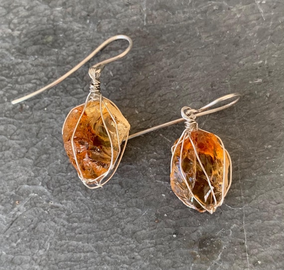 Silver earrings, rough citrines; IMPORTANT: French vat is included, 20% off for US,australian + canadian buyers