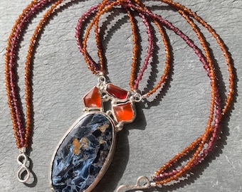 Silver necklace and pendant, 1 pietersite, garnet, fire opals:  IMPORTANT,French vat is included,20% off for US, australian, canadian buyers