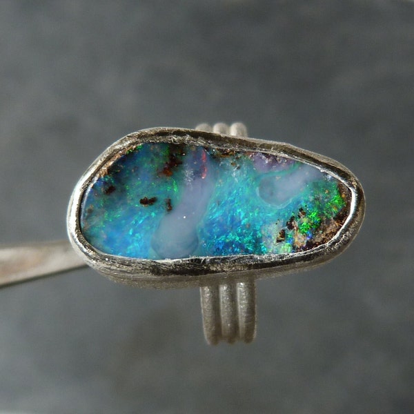 Silver ring, 1 australian boulder opal: IMPORTANT, French vat is included,20% off for US, australian and canadian buyers
