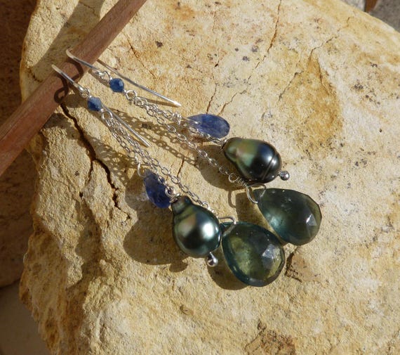 Silver earrings with tahiti black pearls, gemstones : IMPORTANT, French vat is included, 20% off for US, australian and canadian buyers