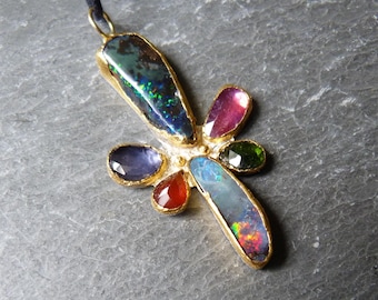 Reserved,Silver,18/24 k gold pendant,boulder opal,precious stones:IMPORTANT,French vat is included,20% off for US,australian,canadian buyers
