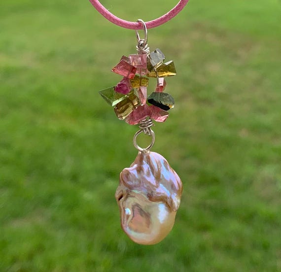 Silver pendant, 1 fresh water pearl, tourmalines: IMPORTANT, French vat is included, 20% off for US, australian, canadian buyers