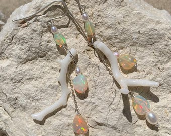 Earrings, 925 silver,corals,ethiopian opals,freshwaterpearls:IMPORTANT,French vat is included,20% off for US, australian and canadian buyers