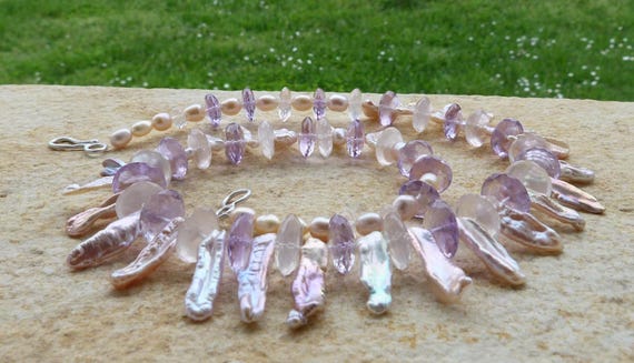 Silver necklace, baroque pearls, prehnites, rose quartzes: IMPORTANT, French vat is included,off 20% for US, australian and canadian buyers