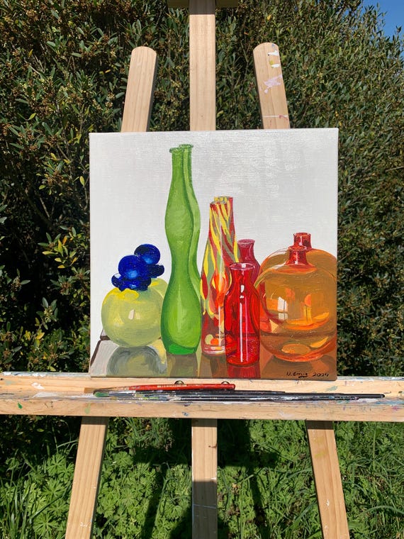 Original painting, still life, 5 vases placed before a mirror, oil on canvas, 30 cm x 30 cm