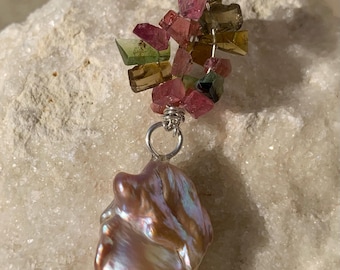 Silver pendant, 1 fresh water pearl, tourmalines: IMPORTANT, French vat is included, 20% off for US, australian, canadian buyers