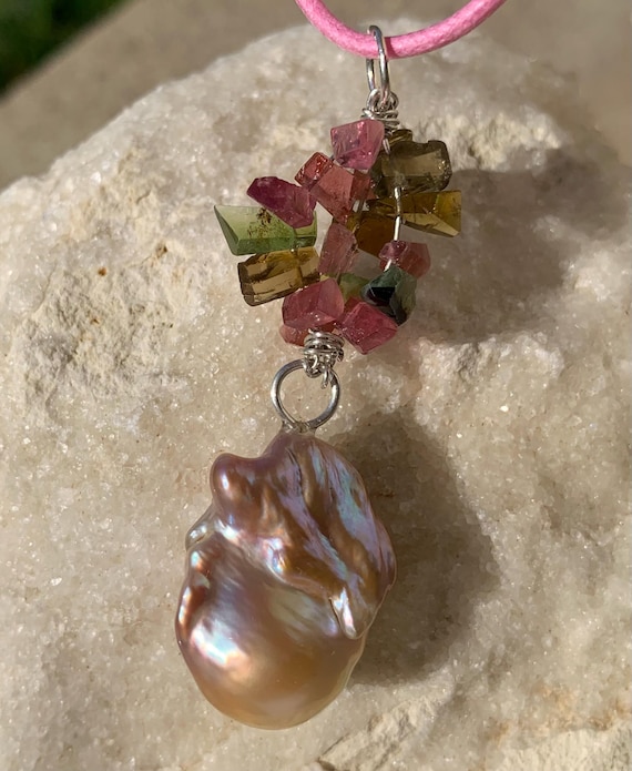 Silver pendant, 1 fresh water pearl, tourmalines: IMPORTANT, French vat is included, 20% off for US, australian, canadian buyers