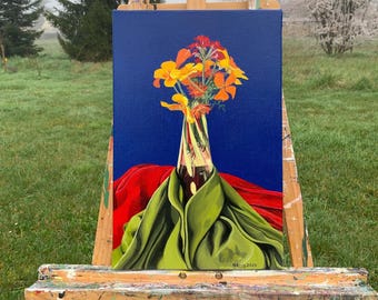 Original painting, still life, summer flowers and silk fabrics, oil on canvas, 41 cm x 27 cm