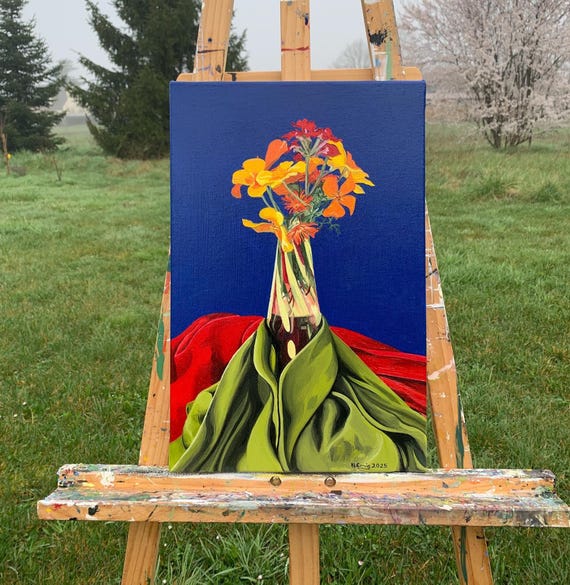 Original painting, still life, summer flowers and silk fabrics, oil on canvas, 41 cm x 27 cm