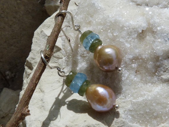 Earrings with 925 silver, sapphires, aqua marines, pearls: IMPORTANT, French vat is included,20% off for US, australian and canadian buyers