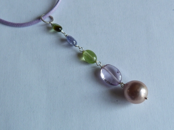 Silver pendant, freshwater pearl, precious stones: IMPORTANT, French vat is included, 20% off for US,UK, australian and canadian buyers