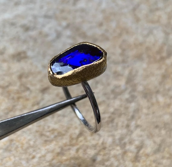 Silver and 24 ct finegold ring with australian boulder opal: IMPORTANT, French vat is included,20% off for US,australian and canadian buyers