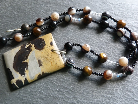 Necklace,silver,jasper,eye of the tiger,onyx,labradorite,agate:Important;French vat is included, 20% off for US, australian, canadian buyers