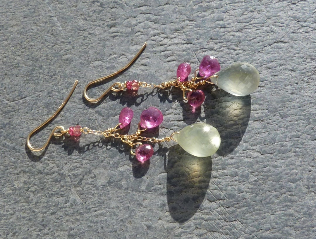 Boucles D'oreilles Argent Sterling 925 - Préhnites Et Saphirs Roses Chauffés - Pendantes - Marque Bimonia