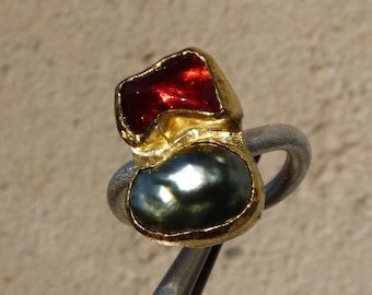 Silver and 24 kt finegold ring, fire opal, keishi pearl: IMPORTANT,French vat is included, 20% off for US and canadian buyers