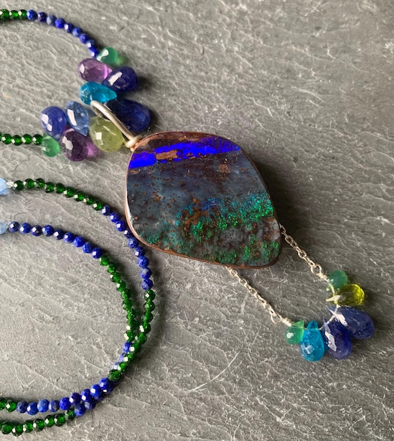 Sterling silver necklace, boulder opal, precious gemstones; IMPORTANT,French vat is included, 20% off for US,australian and canadian buyers