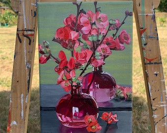 Original oil painting, still life with a vase and japanese quince branches placed before a mirror, oil on canvas, 24 cm x 16 cm