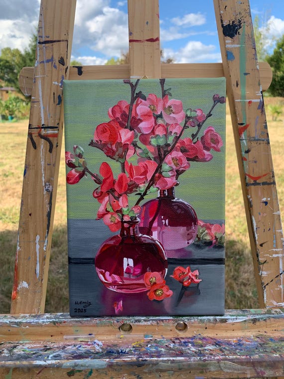 Original oil painting, still life with a vase and japanese quince branches placed before a mirror, oil on canvas, 24 cm x 16 cm