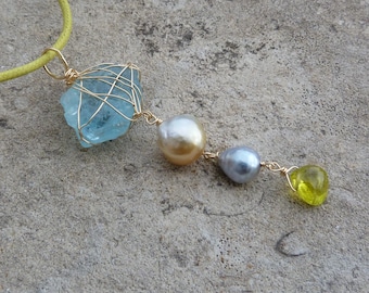 Solid 18ct gold pendant,aquamarine,tourmaline,south sea pearls;IMPORTANT: French vat is included,20% off for US,australian + canadian buyers