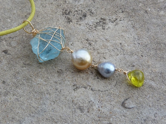 Solid 18ct gold pendant,aquamarine,tourmaline,south sea pearls;IMPORTANT: French vat is included,20% off for US,australian + canadian buyers