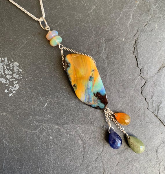 Silver necklace/pendant,1 boulder opal,sapphires, ethiopian opal:Important,french vat is included,20% off for australian and canadian buyers