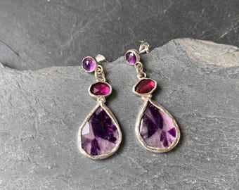 Earrings, silver, garnets, amethysts and trapich amethysts:IMPORTANT,French vat is included,20% off for US,UK,australian and canadian buyers