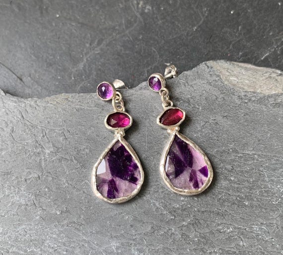 Earrings, silver, garnets, amethysts and trapich amethysts:IMPORTANT,French vat is included,20% off for US,UK,australian and canadian buyers