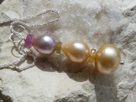Silver necklace, freshwater pearls, gold pearl, sapphire: IMPORTANT,French vat is included, 20% off for US, australian, canadian buyers