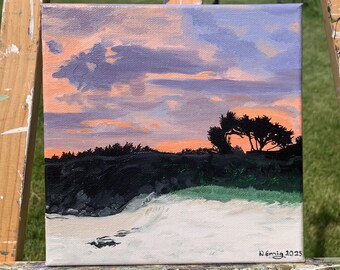 Original painting of a landscape, beach in France, oil on canvas, 20 cm x 20 cm