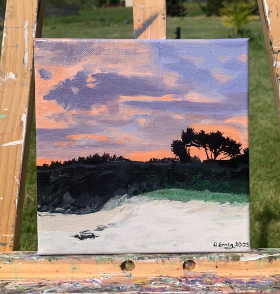 Original painting of a landscape, beach in France, oil on canvas, 20 cm x 20 cm
