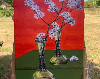 Original oil painting, still life with a vase and a branch of cherry plums placed before a mirror, oil on canvas, 33 cm x 24 cm