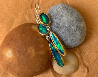 Earrings, silver, 24 k gold, opal doublets, ethiopian opals: IMPORTANT, French vat is included,20% off for US,australian and canadian buyers
