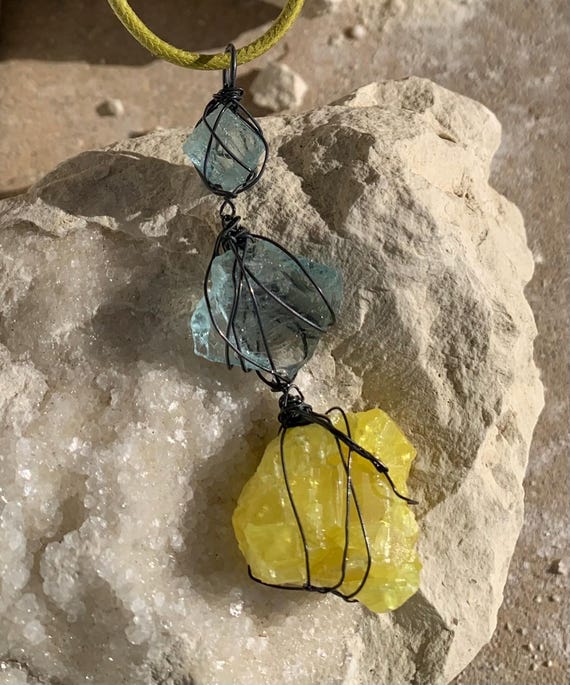 Silver pendant, rough native sulfur, rough aquamarines;  IMPORTANT: French vat is included, 20% off for US,australian + canadian buyers