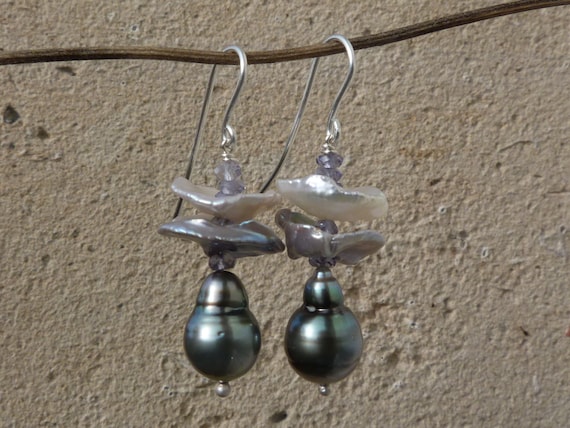 Silver earrings, ioliths, keishi pearls, Tahitipearls: IMPORTANT, French vat is included, 20% off for US, australian and canadian buyers