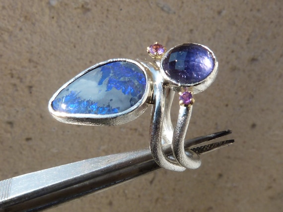 Silver and 18 kt gold ring, black opal, iolith, amethysts: IMPORTANT,French vat is included, 20% off for US, australian and canadian buyers