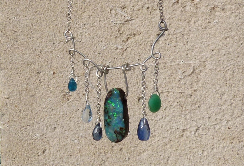 Collana/pendente in argento 925 con 1 opale boulder, cianiti, apatite, opale andino verde, zircone immagine 3